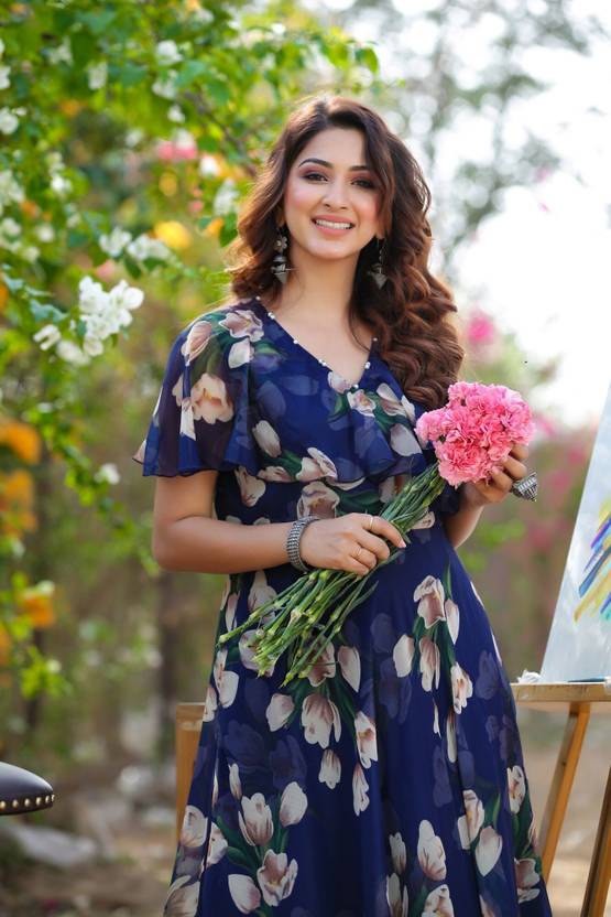 Georgette Stitched Anarkali Gown  (Dark Blue)