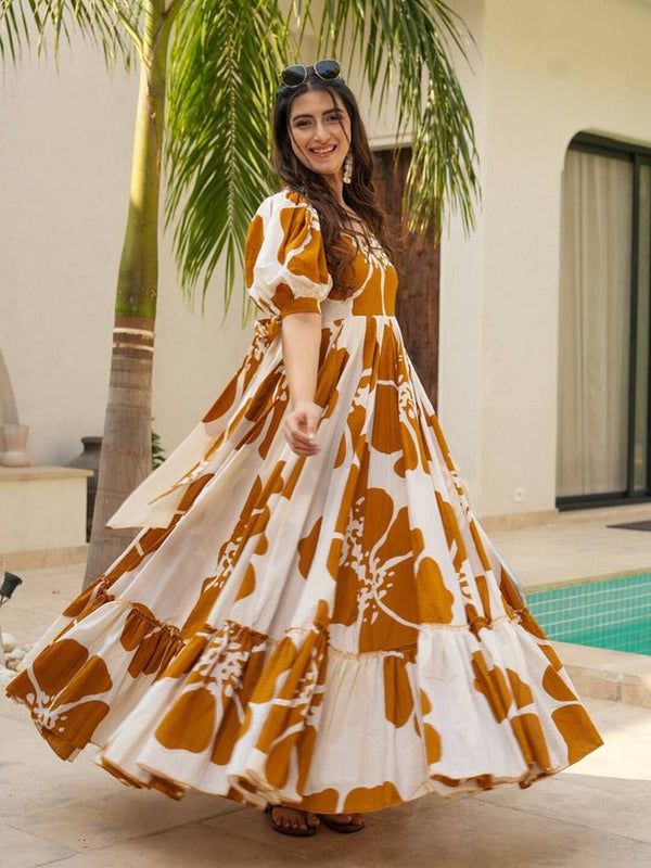 Floral Print Viscose Rayon Stitched Flared/A-line Gown  (Yellow, White)