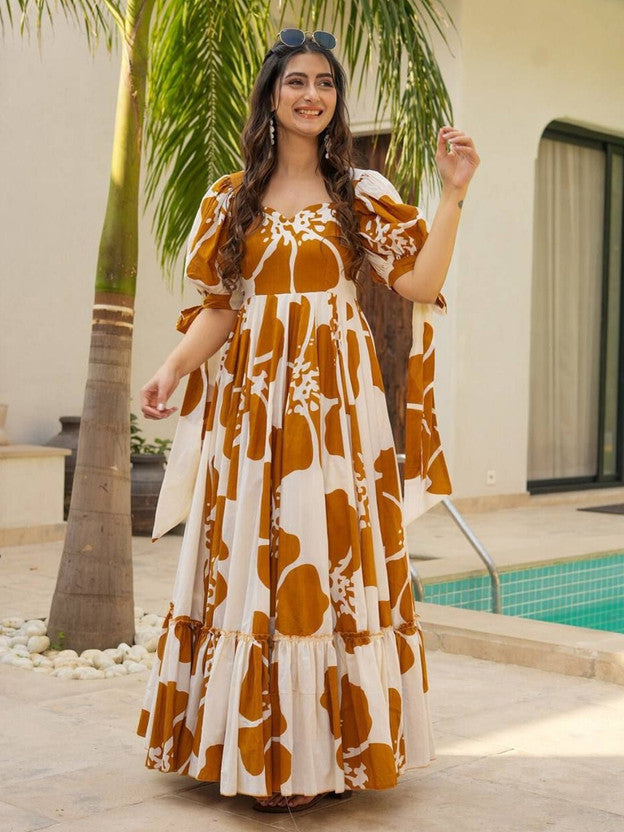 Floral Print Viscose Rayon Stitched Flared/A-line Gown  (Yellow, White)