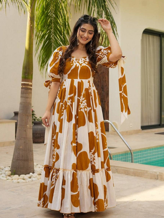 Floral Print Viscose Rayon Stitched Flared/A-line Gown  (Yellow, White)