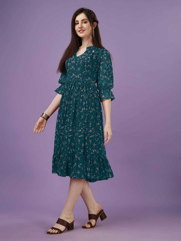 Women Fit and Flare Multicolor Midi/Calf Length Dress