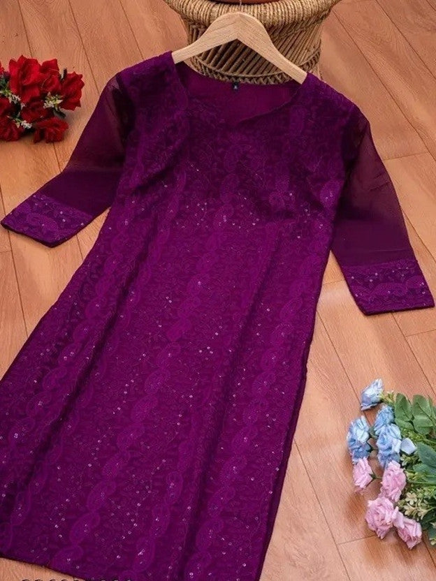 Women Embroidered Georgette Straight Kurta  (Purple)