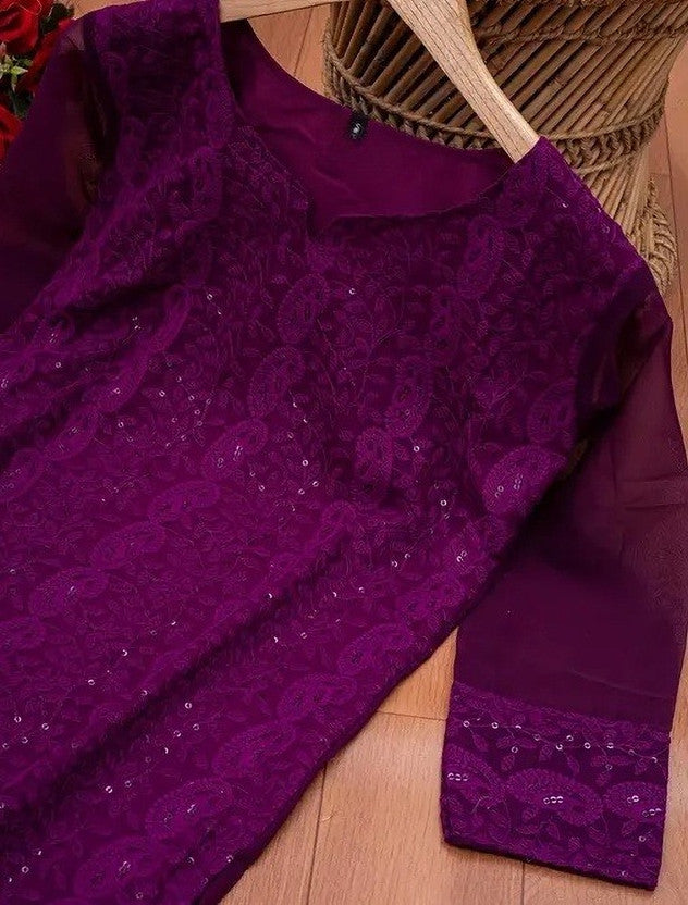 Women Embroidered Georgette Straight Kurta  (Purple)