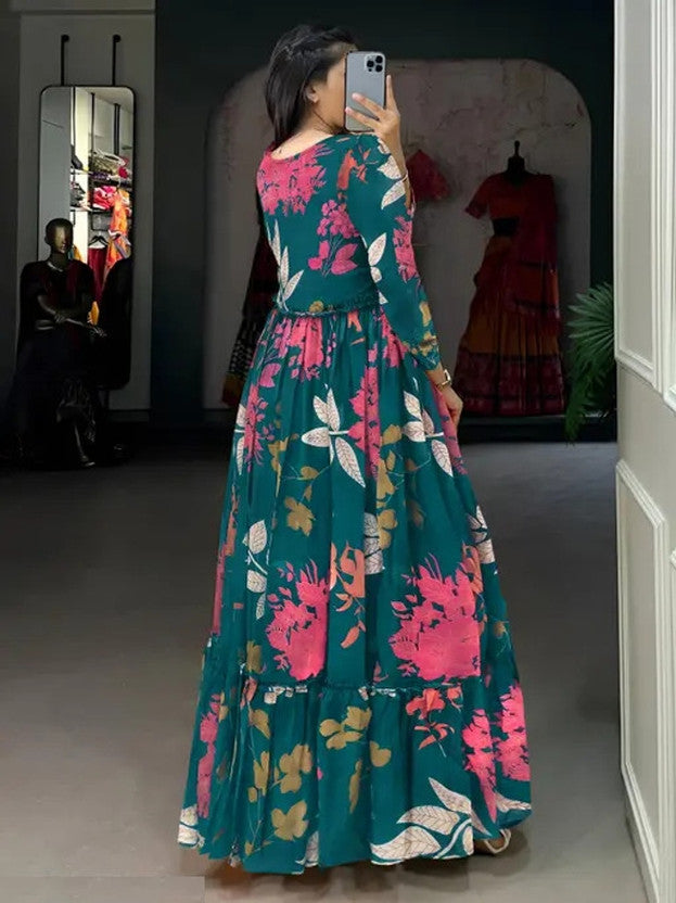 Floral Print Georgette Stitched Anarkali Gown  (Dark Green)