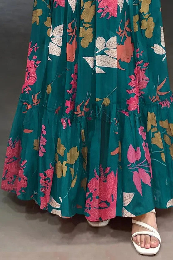 Floral Print Georgette Stitched Anarkali Gown  (Dark Green)