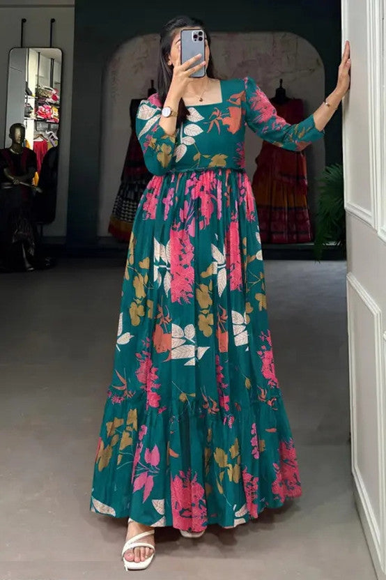 Floral Print Georgette Stitched Anarkali Gown  (Dark Green)