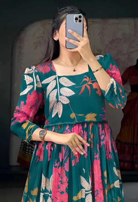 Floral Print Georgette Stitched Anarkali Gown  (Dark Green)