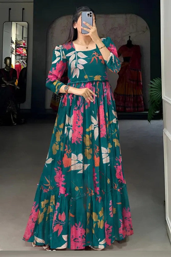 Floral Print Georgette Stitched Anarkali Gown  (Dark Green)