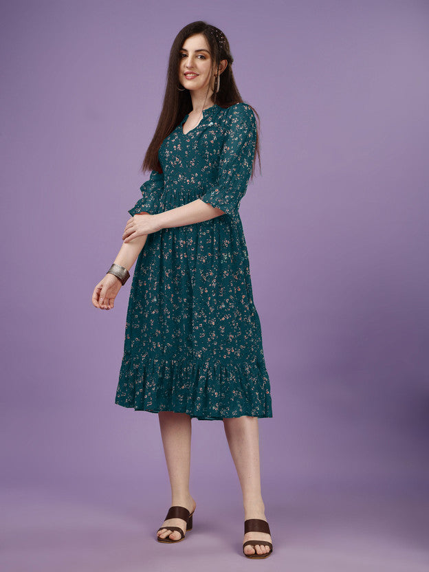 Women Fit and Flare Multicolor Midi/Calf Length Dress