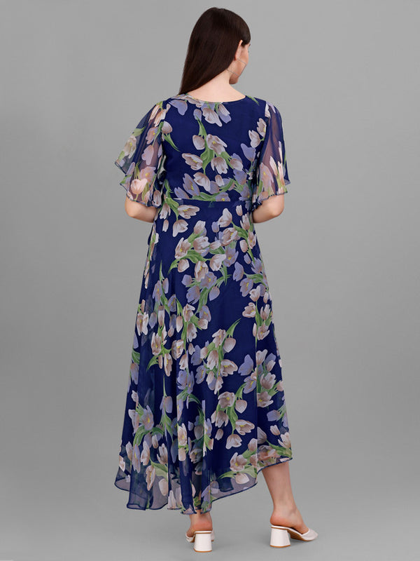 Printed Georgette Stitched Anarkali Gown  (Blue)