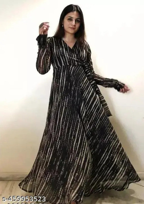 Printed Georgette Stitched Anarkali Gown  (Black)