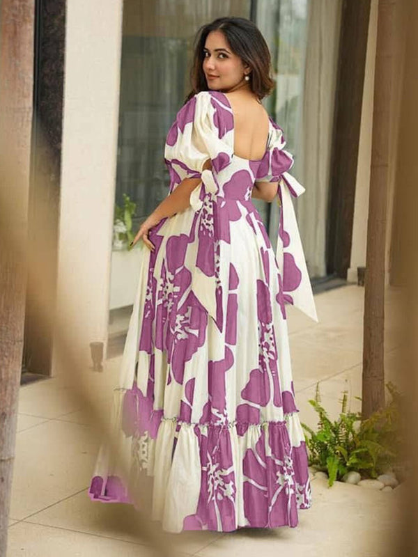 Floral Print Viscose Rayon Stitched Flared/A-line Gown  (Purple)