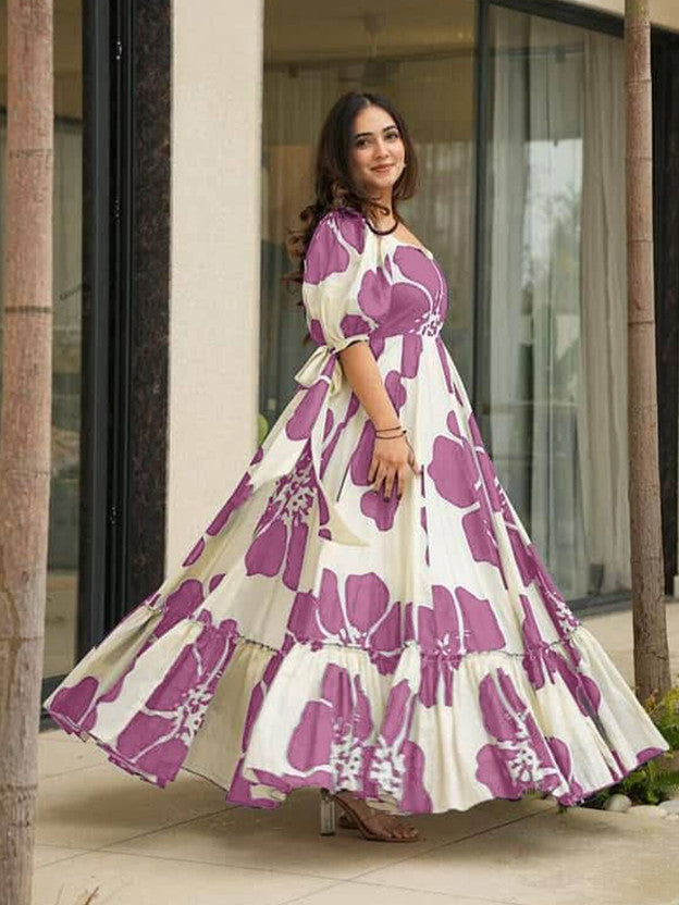 Floral Print Viscose Rayon Stitched Flared/A-line Gown  (Purple)