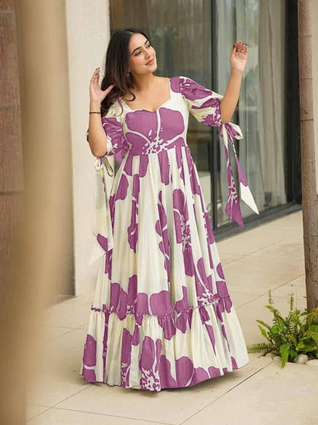 Floral Print Viscose Rayon Stitched Flared/A-line Gown  (Purple)