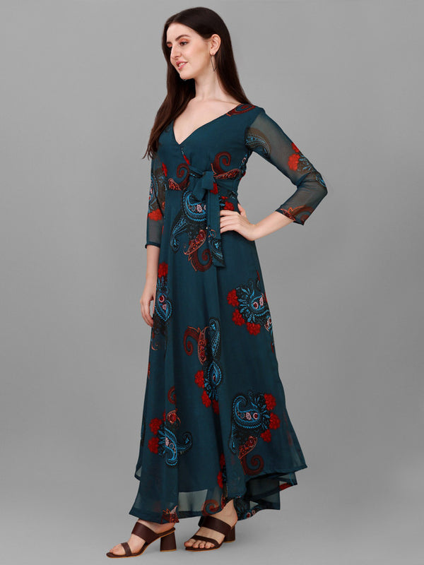 Printed Georgette Stitched Anarkali Gown  (Blue