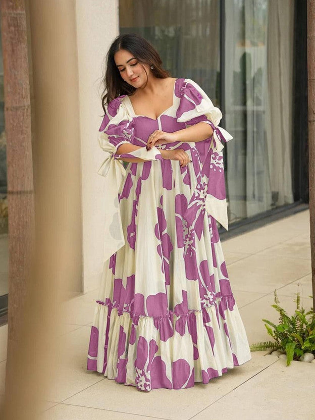 Floral Print Viscose Rayon Stitched Flared/A-line Gown  (Purple)
