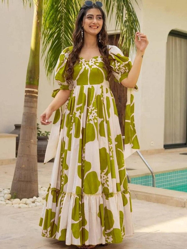 Floral Print Viscose Rayon Stitched Flared/A-line Gown  (Light Green)
