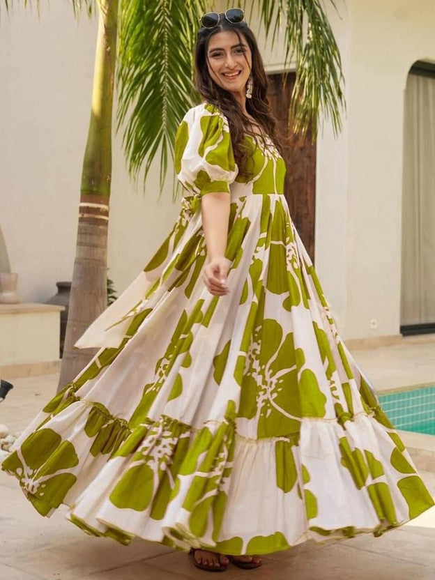 Floral Print Viscose Rayon Stitched Flared/A-line Gown  (Light Green)