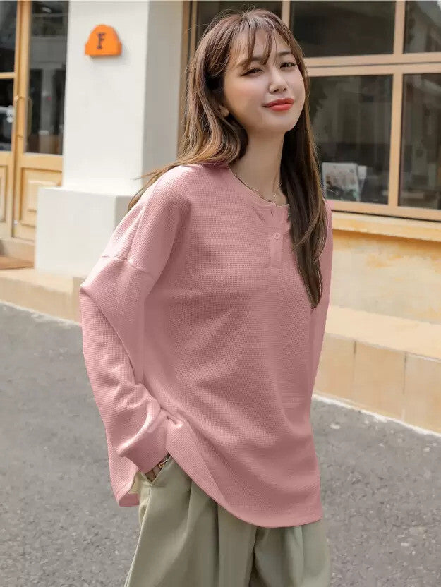 Women Solid Crew Neck Reversible Wool Blend Pink T-Shirt