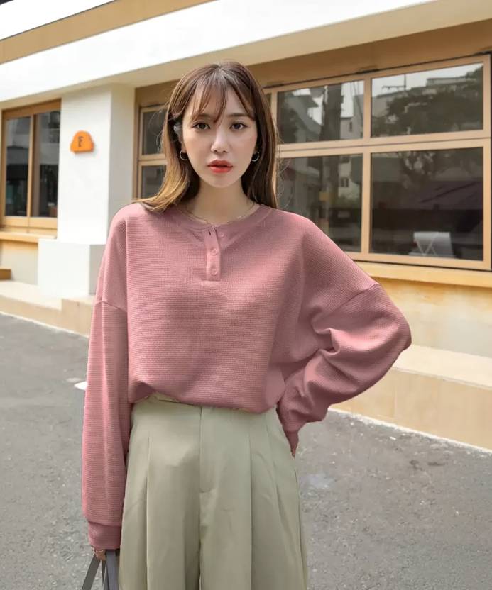 Women Solid Crew Neck Reversible Wool Blend Pink T-Shirt