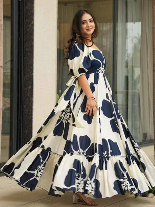 Floral Print Viscose Rayon Stitched Flared/A-line Gown  (Blue)