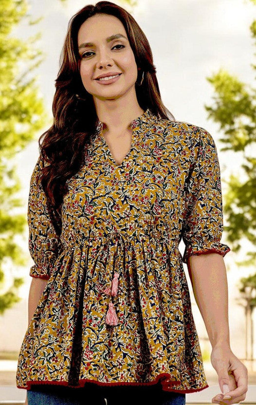 Party Regular Sleeves Printed Women Yellow Top