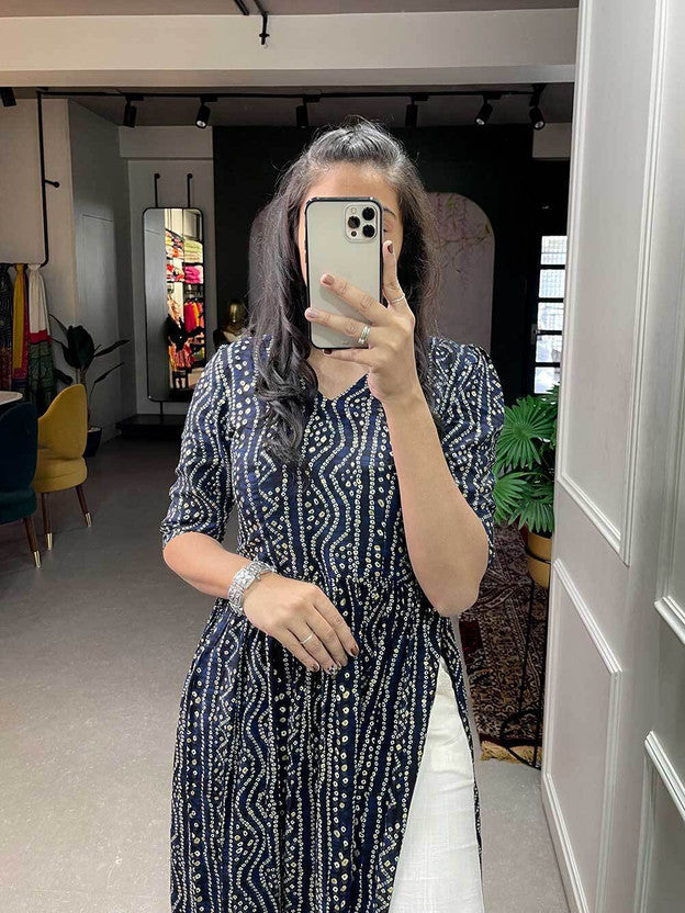 Women Bandhani Crepe A-line Kurta  (Dark Blue)