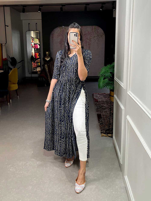 Women Bandhani Crepe A-line Kurta  (Dark Blue)