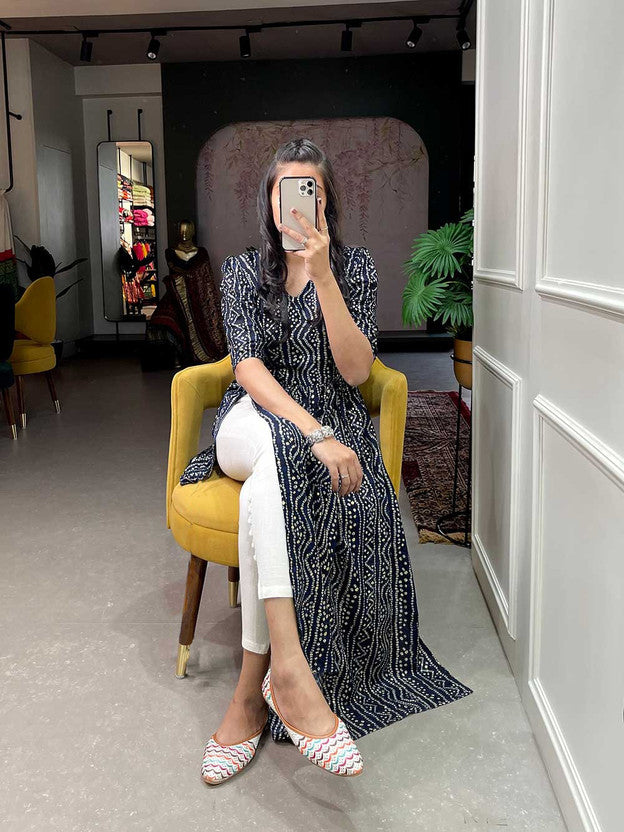 Women Bandhani Crepe A-line Kurta  (Dark Blue)