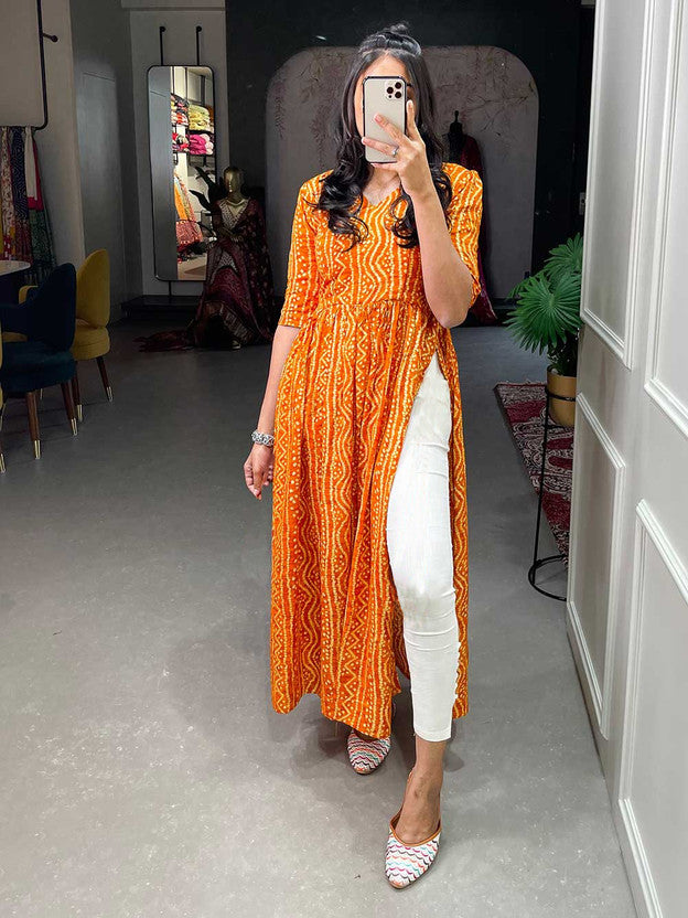 Women Bandhani Crepe A-line Kurta  (Yellow)