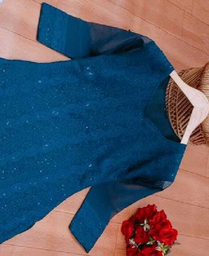 Women Embroidered Georgette Straight Kurta  (Light Blue)