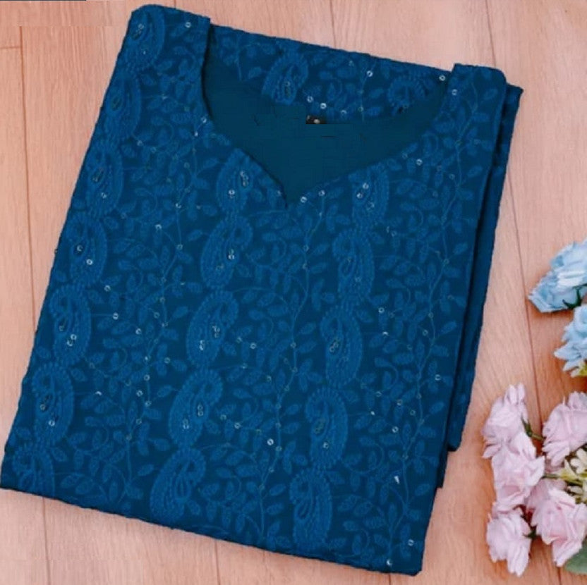 Women Embroidered Georgette Straight Kurta  (Light Blue)