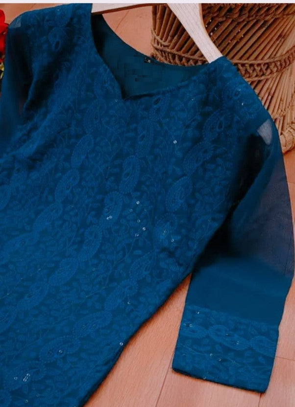 Women Embroidered Georgette Straight Kurta  (Light Blue)