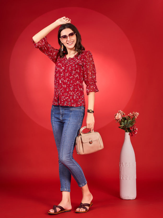 Casual Puff Sleeves Printed Women Red Top