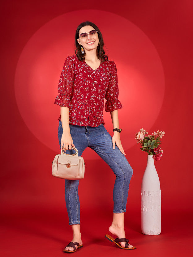 Casual Puff Sleeves Printed Women Red Top