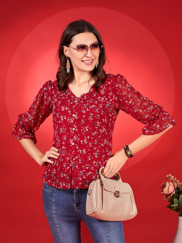 Casual Puff Sleeves Printed Women Red Top