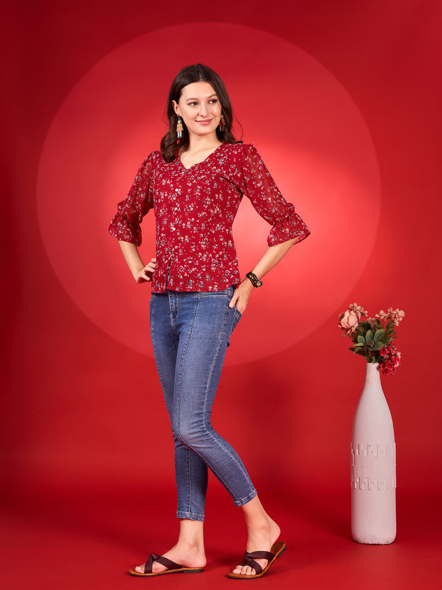 Casual Puff Sleeves Printed Women Red Top