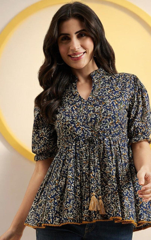 Party Regular Sleeves Printed Women Blue Top