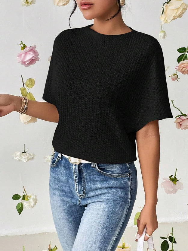 Casual Batwing Sleeves Self Design Women Black Top