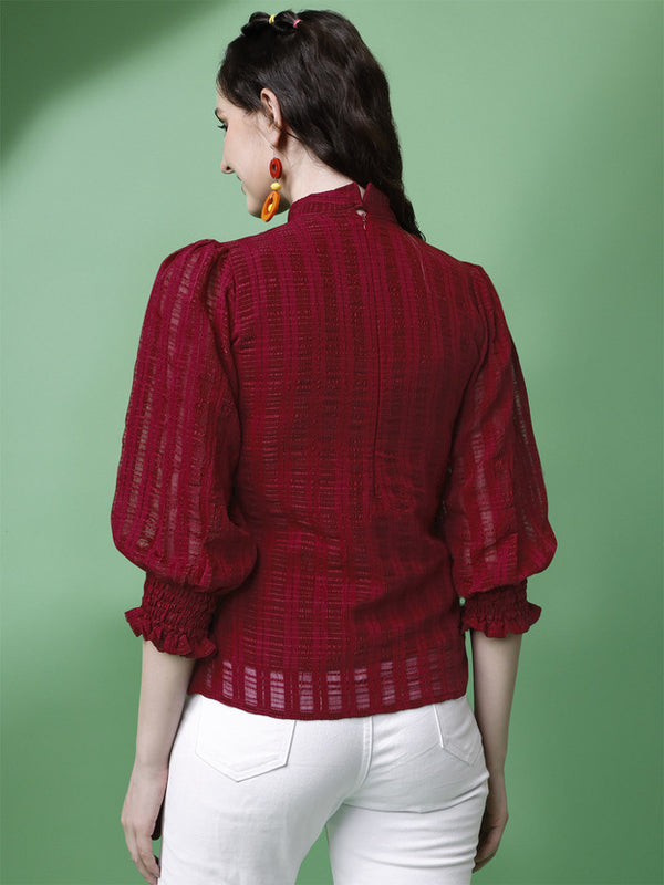 Party Puff Sleeves Self Design Women Maroon Top