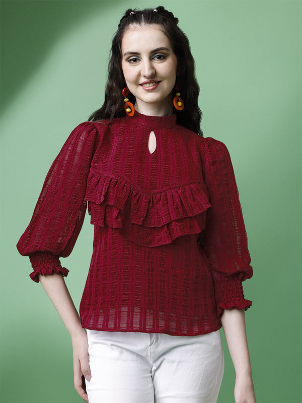 Party Puff Sleeves Self Design Women Maroon Top