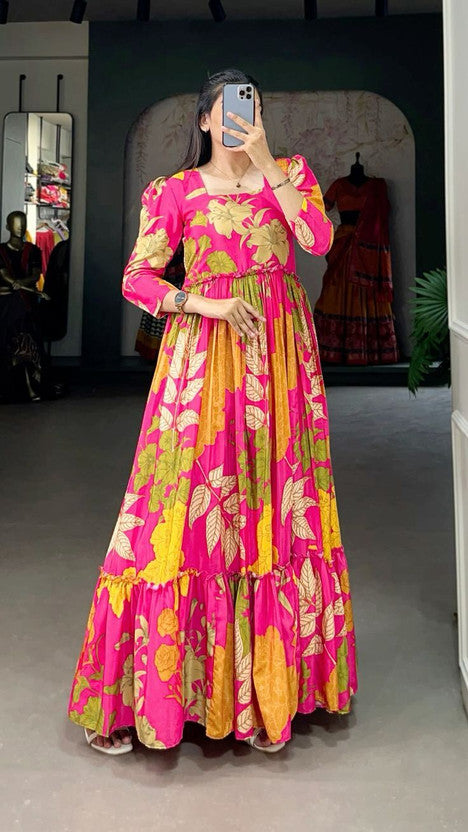Floral Print Georgette Stitched Anarkali Gown  (Pink)