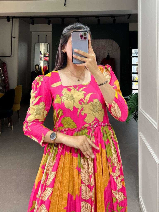 Floral Print Georgette Stitched Anarkali Gown  (Pink)