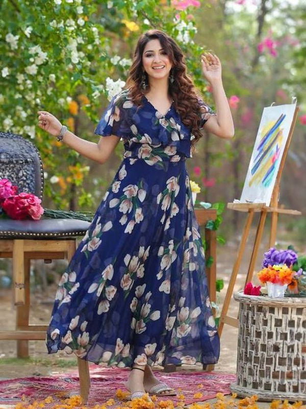 Georgette Stitched Anarkali Gown  (Dark Blue)