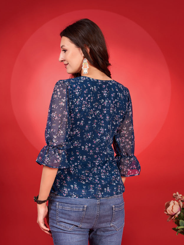 Casual Puff Sleeves Printed Women Light Blue Top