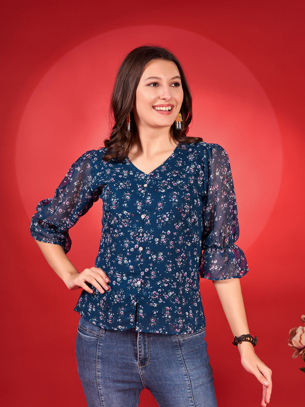 Casual Puff Sleeves Printed Women Light Blue Top