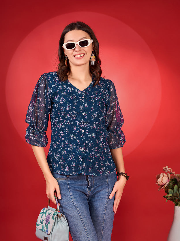 Casual Puff Sleeves Printed Women Light Blue Top