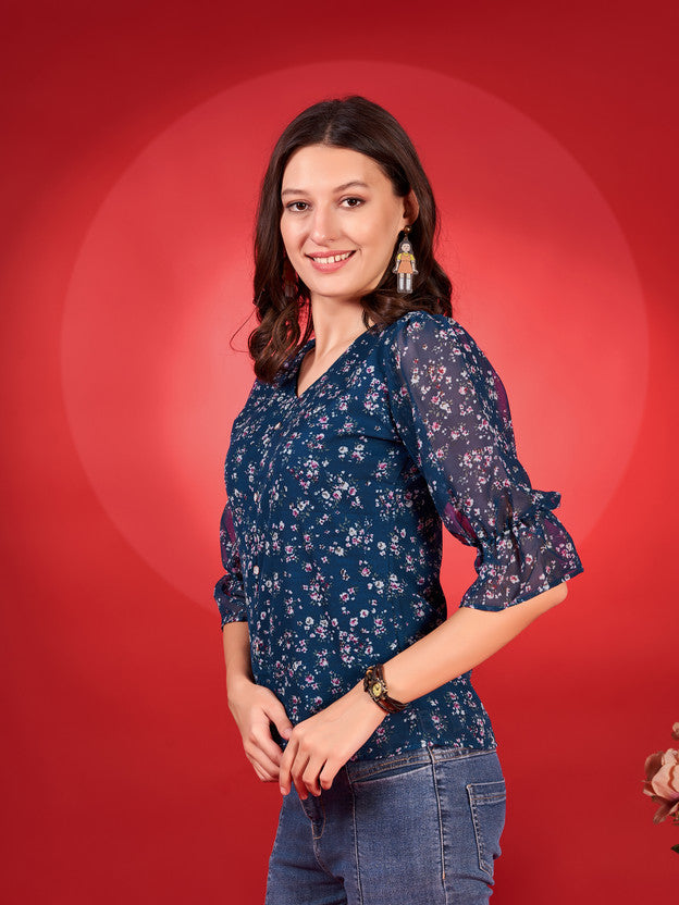 Casual Puff Sleeves Printed Women Light Blue Top