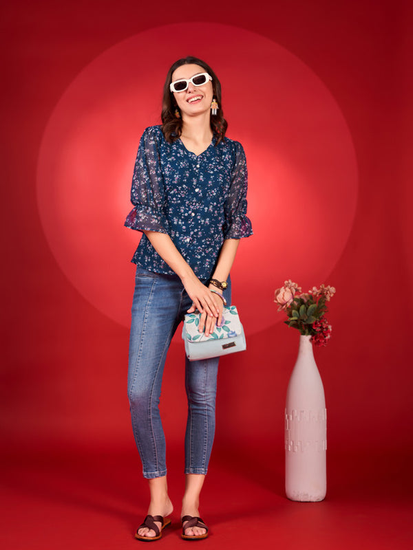 Casual Puff Sleeves Printed Women Light Blue Top