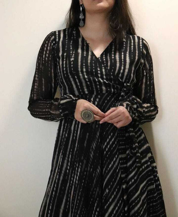 Printed Georgette Stitched Anarkali Gown  (Black)